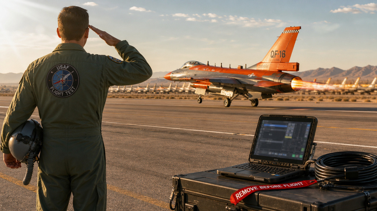 Militar da USAF em saudação observa avião de caça F-16 com pós-combustor ativo numa pista.