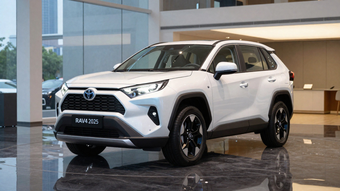 Carro Toyota RAV4 branco modelo 2025 estacionado em interior moderno com chão brilhante.