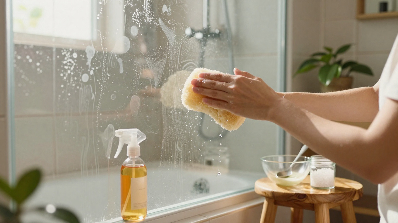 Mãos a limpar um espelho com esponja, spray de limpeza e recipientes com sujeira no ambiente de casa.