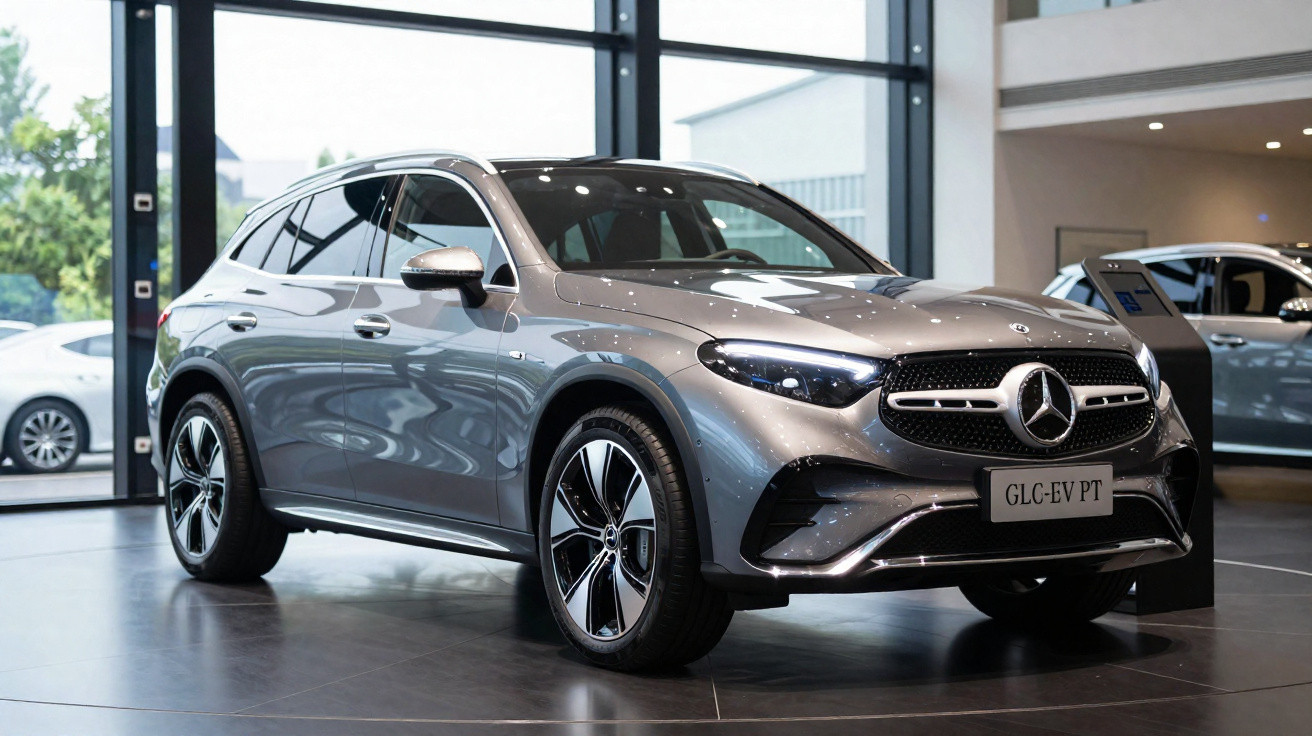 Mercedes-Benz GLC EV Prata exibido numa sala de exposição moderna com janelas amplas.