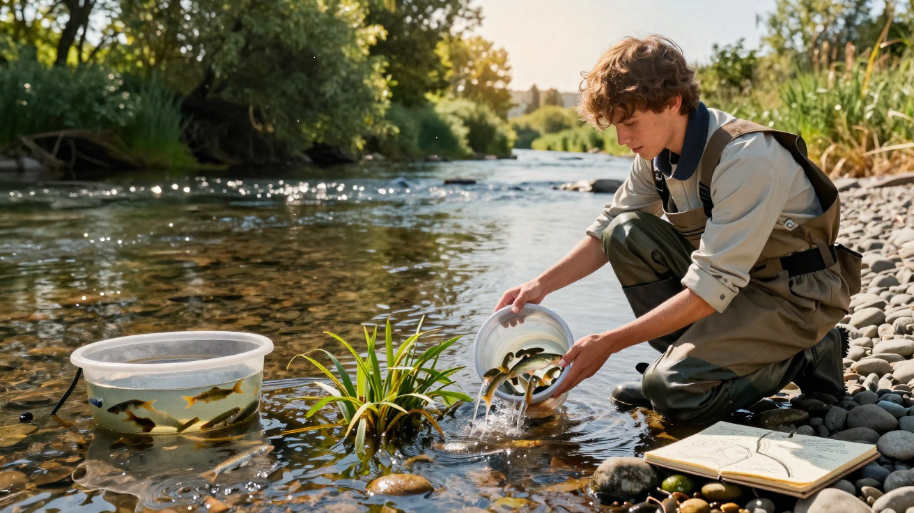 Jovem a libertar peixes numa ribeira, com balde e livro aberto sobre pedras na margem.