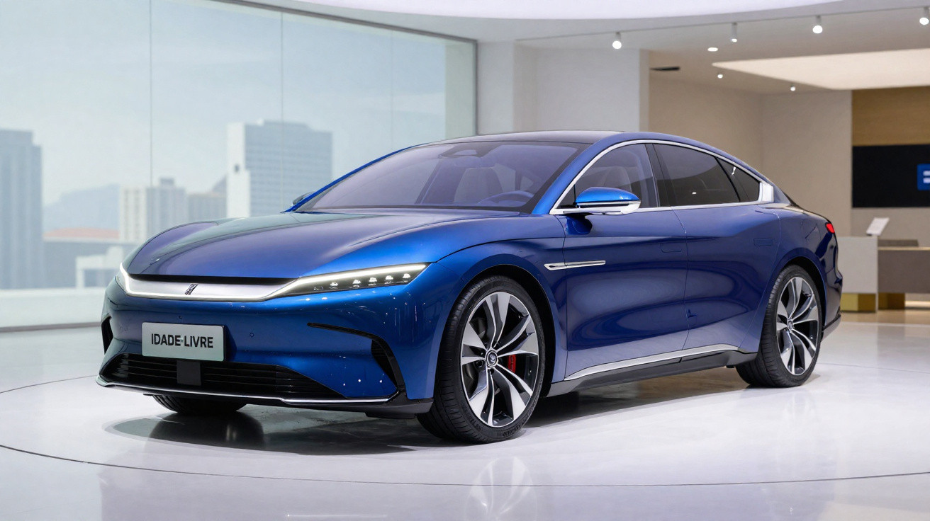 Carro elétrico azul com design moderno exposto em salão com fundo urbano desfocado.