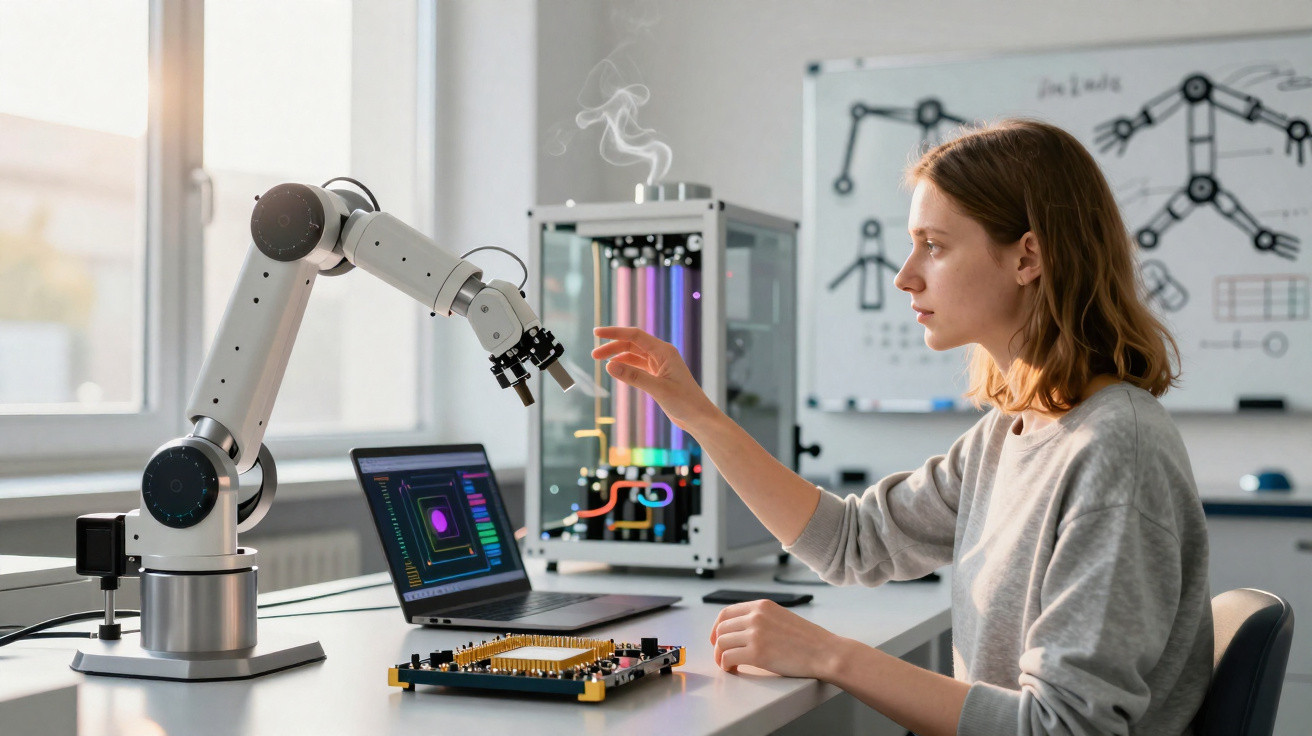 Mulher a programar braço robótico num laboratório de tecnologia com computador e quadro branco ao fundo.