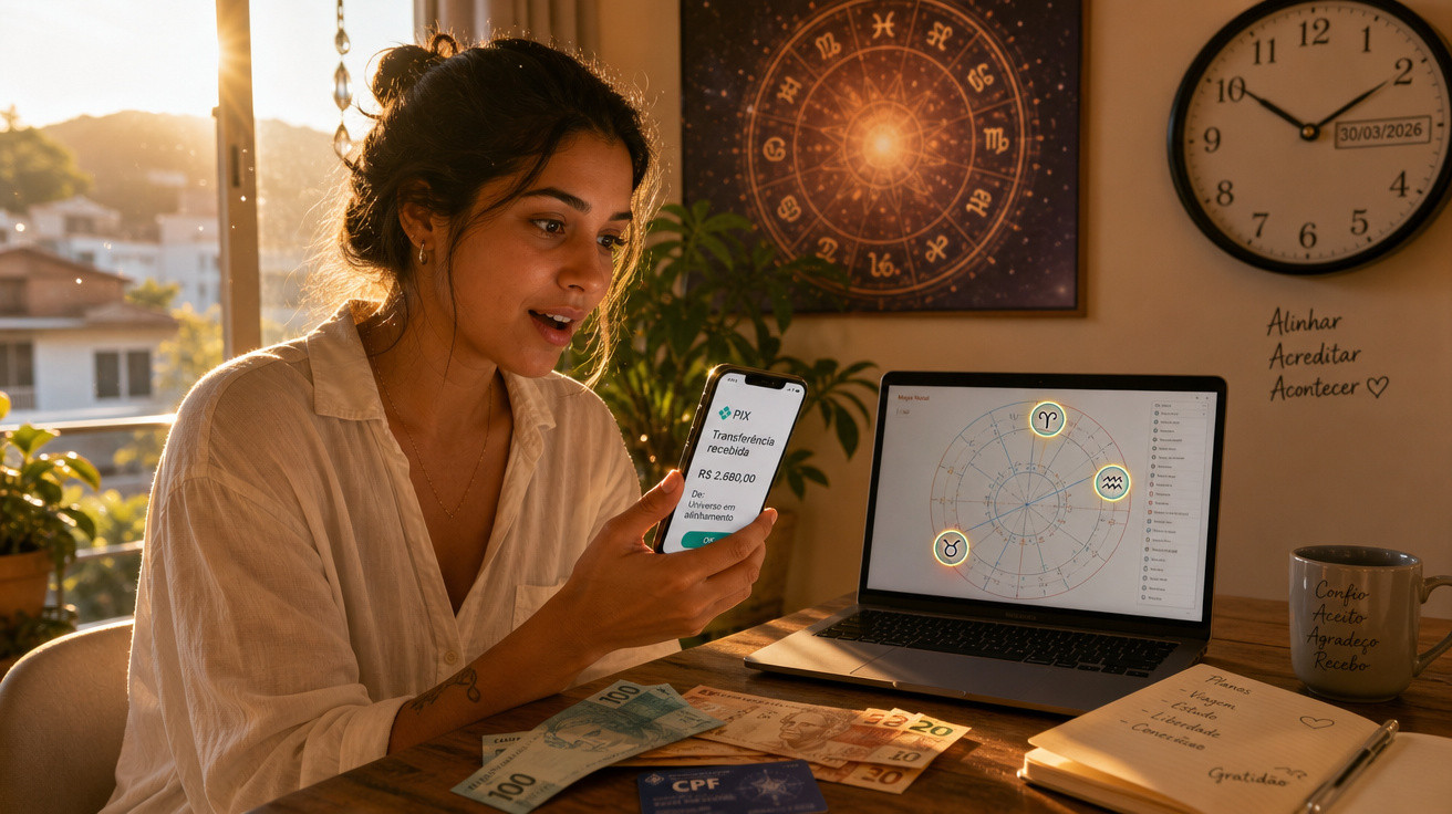Mulher com telemóvel na mão a mostrar transferência recebida, com notas de dinheiro, computador e relógio ao fundo.