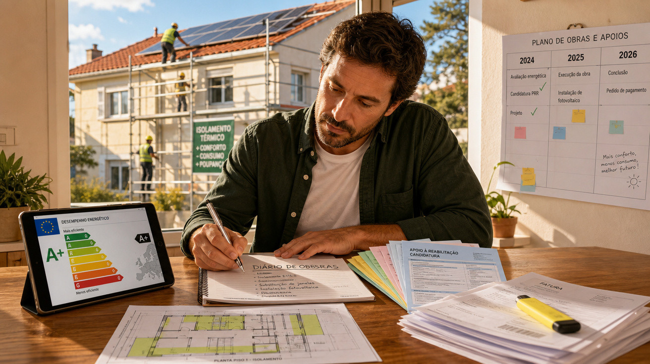 Homem a planear melhorias energéticas com documentos, plantas, e consulta de classificações energéticas numa habitação.