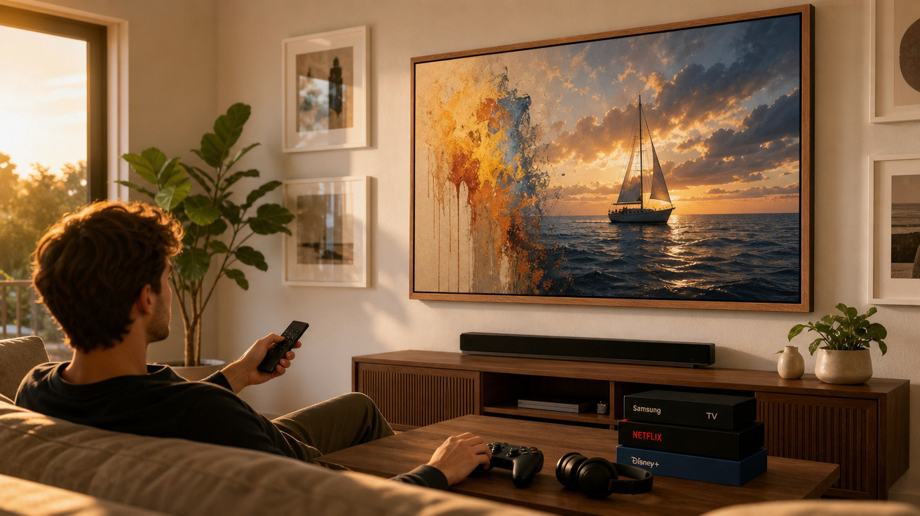Homem sentado no sofá controla televisão grande que exibe vela ao pôr do sol, num ambiente moderno e acolhedor.