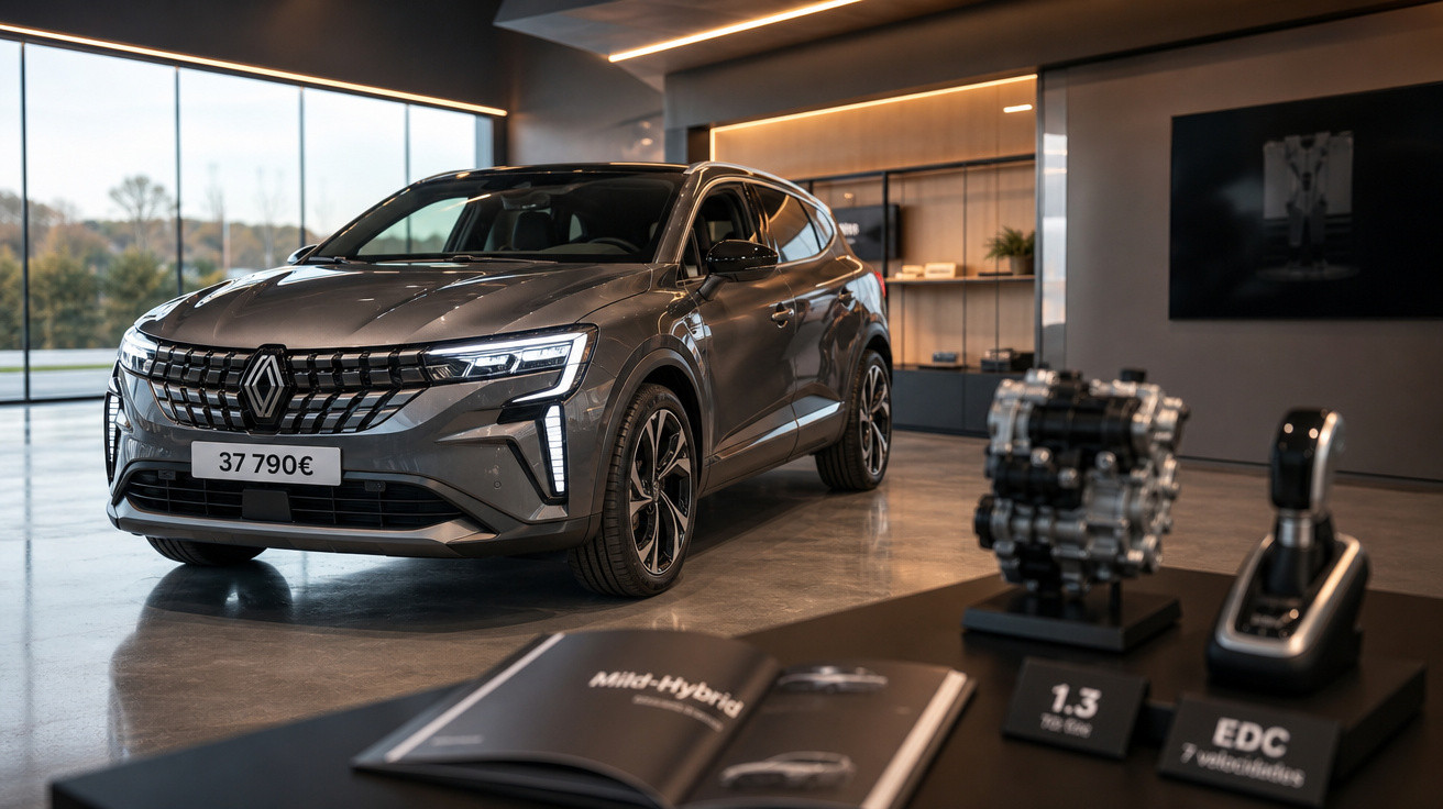 Veículo Renault cinza num showroom moderno com preço visível e motor exposto em primeiro plano.