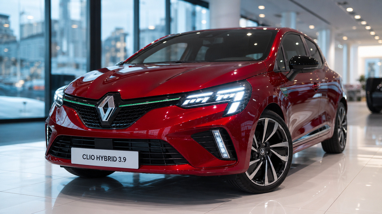 Automóvel Renault Clio Hybrid 3.9 vermelho, com luzes LED ligadas, num showroom moderno.
