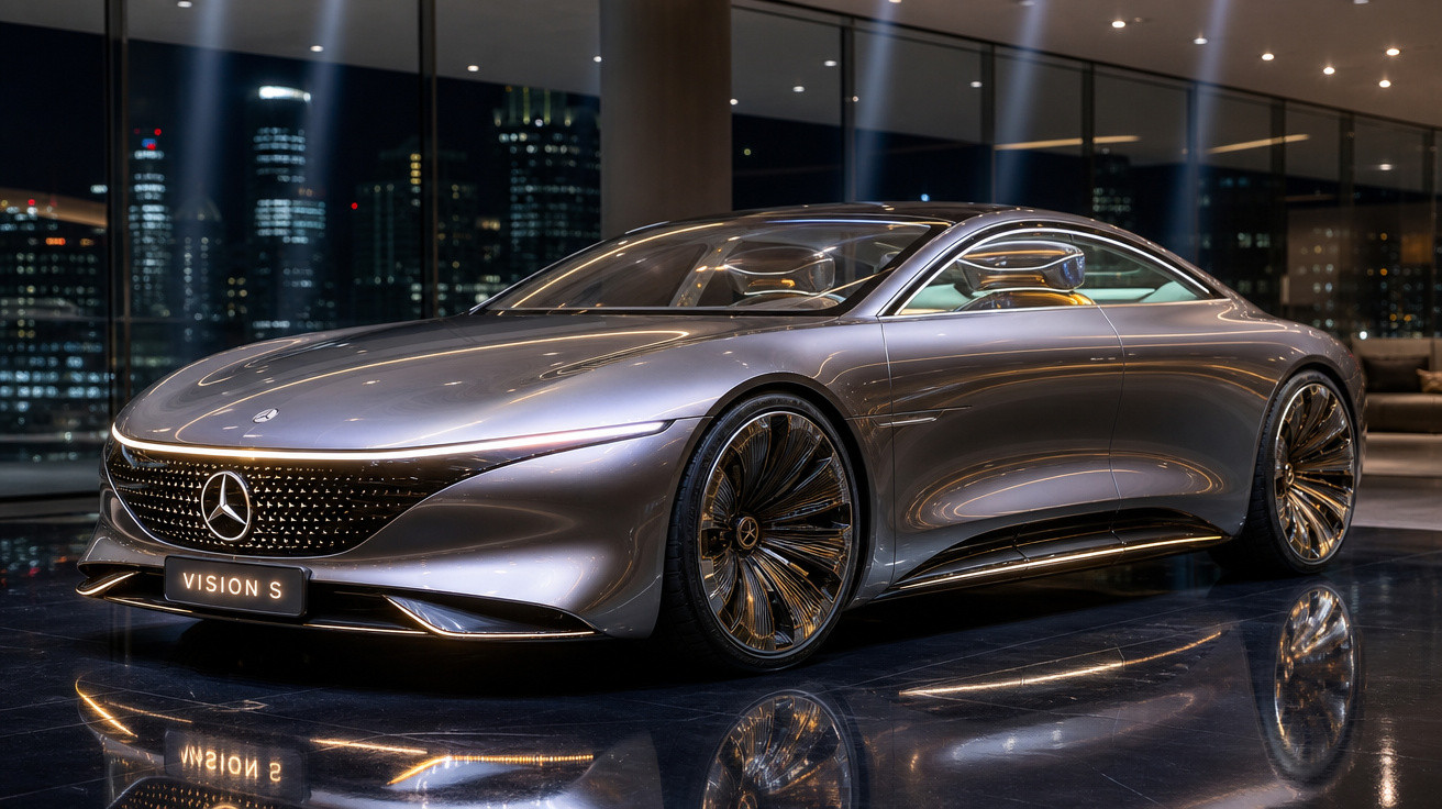 Automóvel Mercedes Vision S elétrico futurista, com design aerodinâmico, estacionado num piso interior reflexivo à noite.