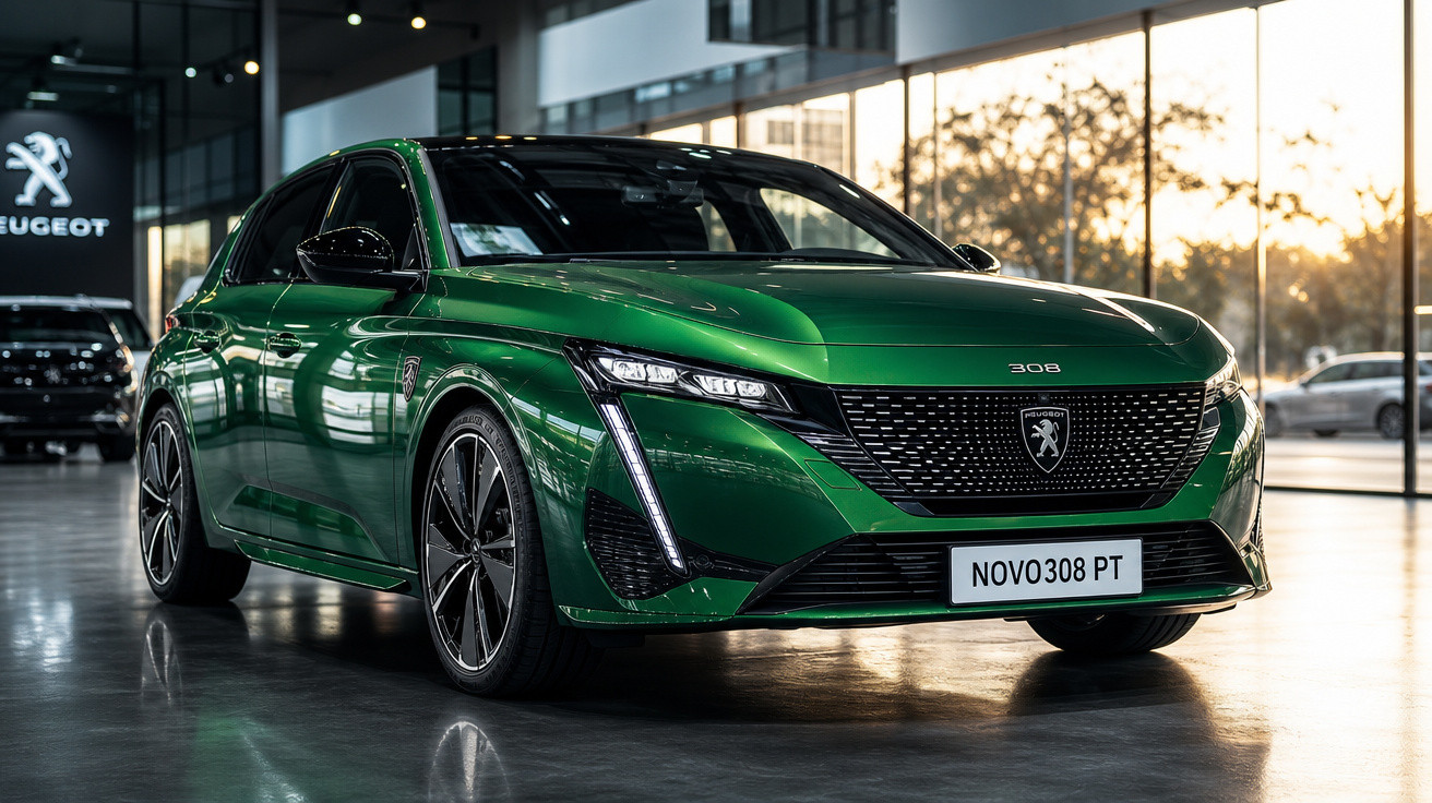 Peugeot 308 verde metálico estacionado em showroom moderno com luz natural a entrar pelas janelas grandes.