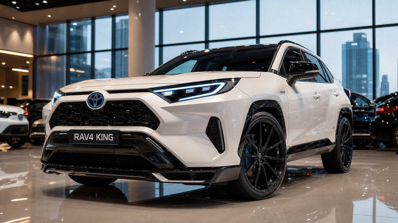 Carro Toyota RAV4 King branco exibido em concessionário, vista frontal direita, com jantes negras.