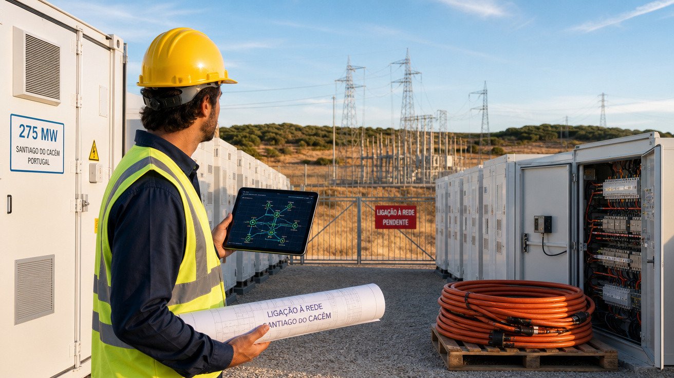 Técnico com capacete e colete reflete rede elétrica em tablet junto a equipamentos de energia outdoors.