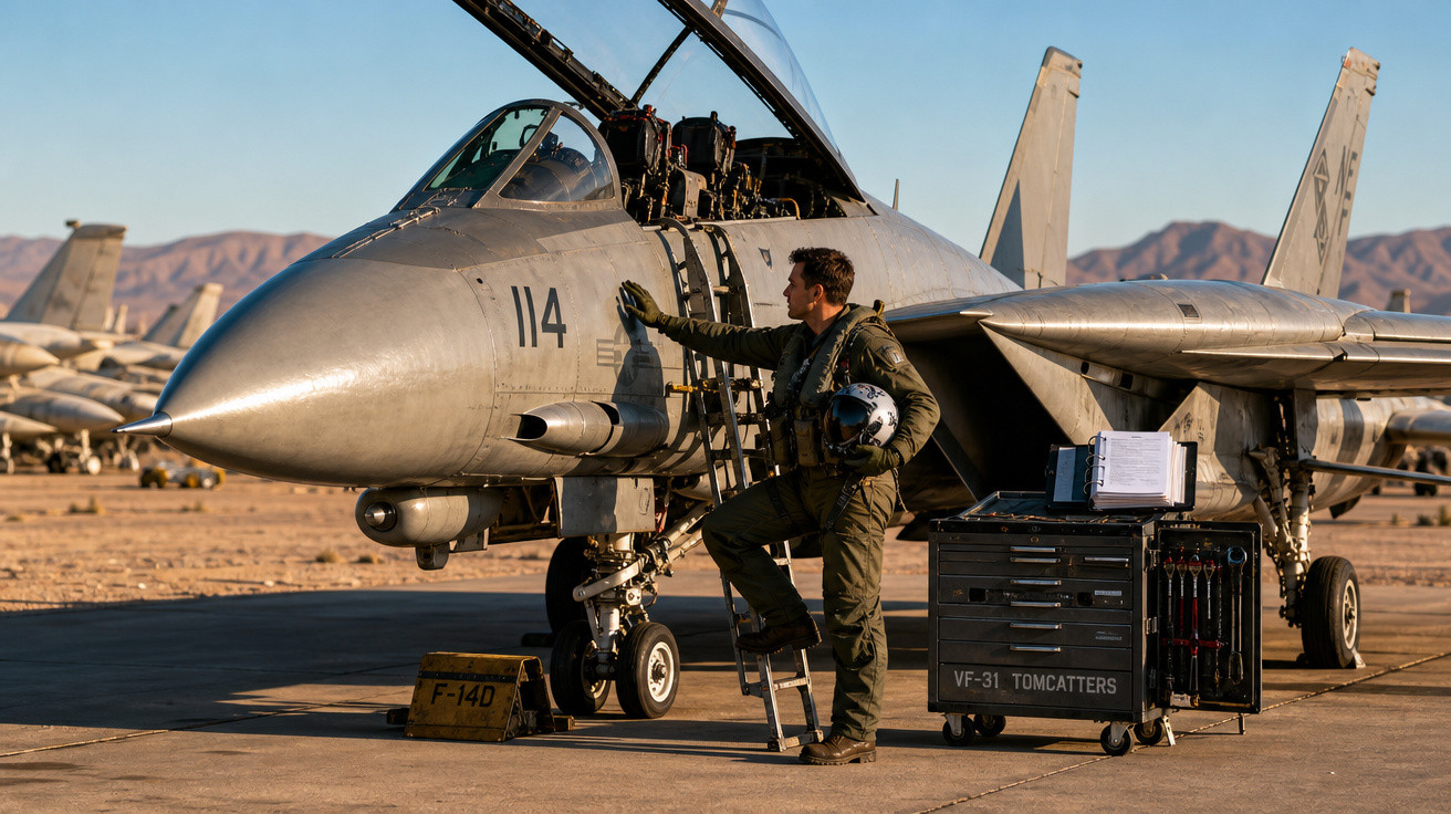 Militar ao lado de caça F-14 num aeródromo com montanhas ao fundo ao pôr do sol.