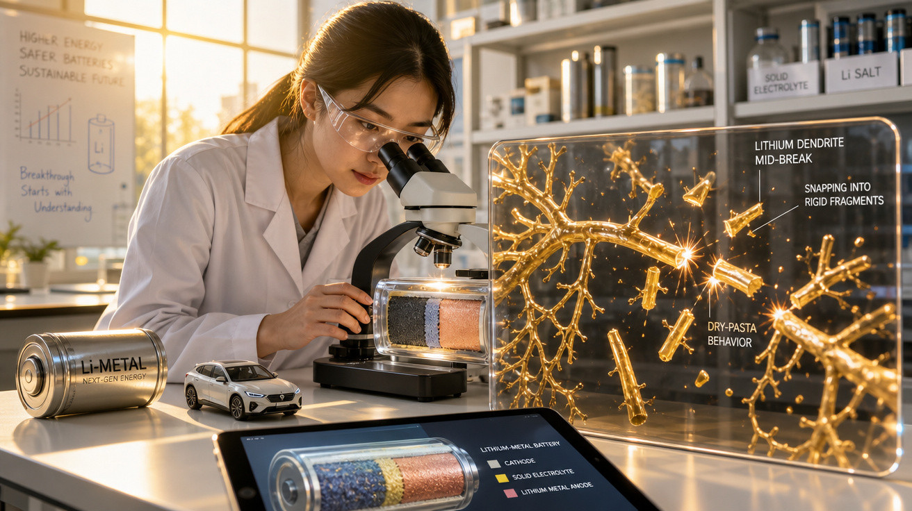 Cientista em laboratório observa célula de bateria de metal de lítio em microscópio com gráficos e modelos ao redor.