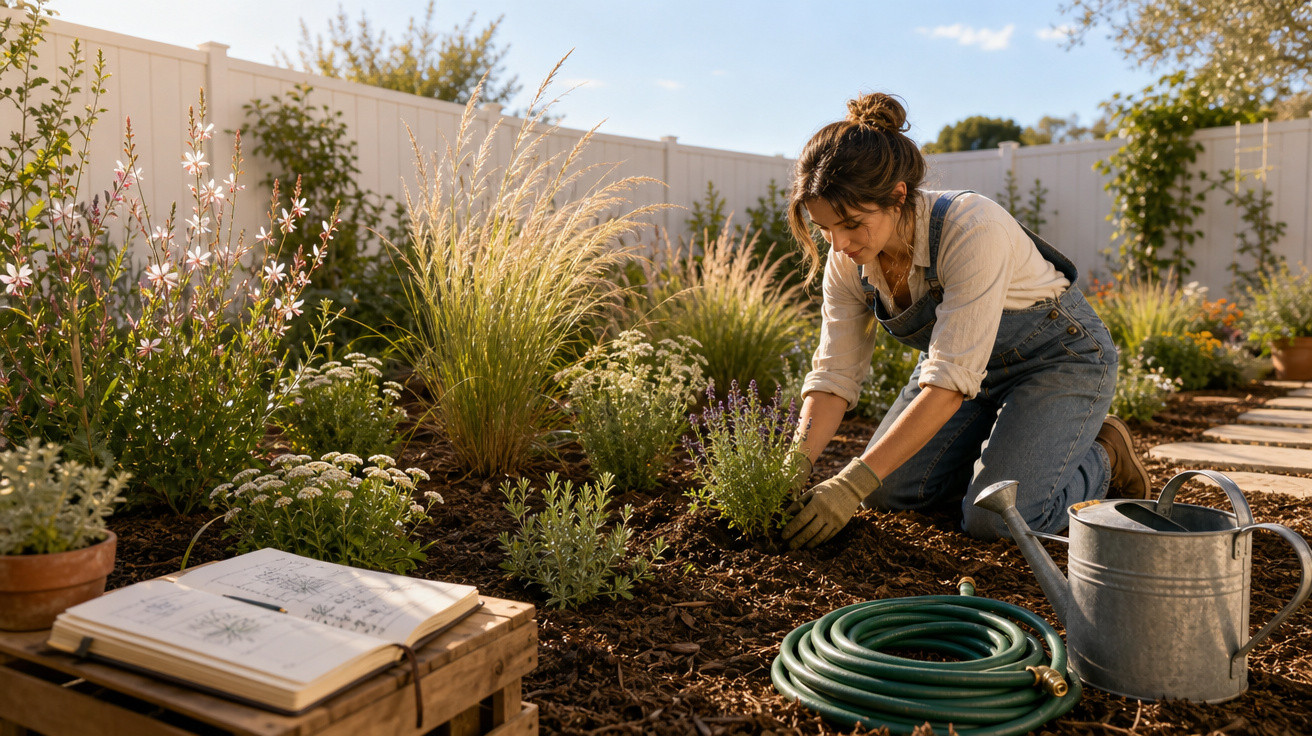 Mulher a jardinar em canteiro com plantas, regador, mangueira e livro de plantas ao lado, em dia ensolarado.