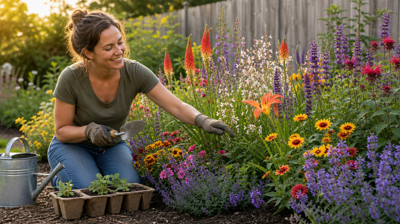 Mulher sorridente a cuidar de flores coloridas num jardim ao pôr do sol, com regador e luvas de jardinagem.