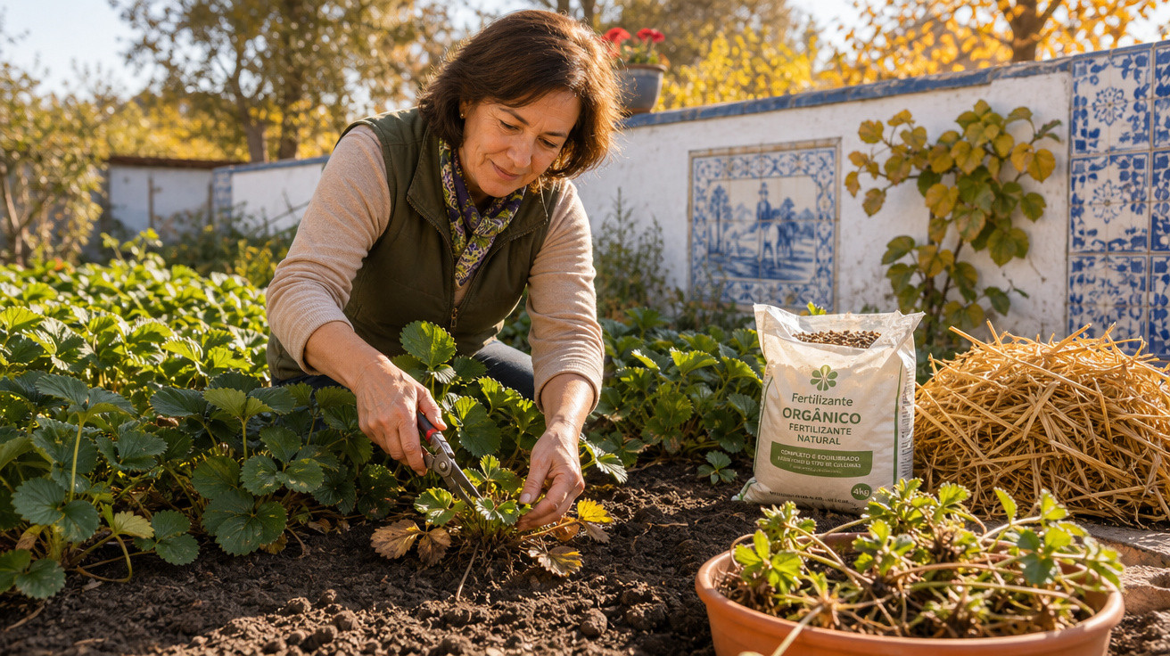 Mulher a cuidar de morangueiros num jardim com fertilizante orgânico ao lado, em dia soalheiro de outono.