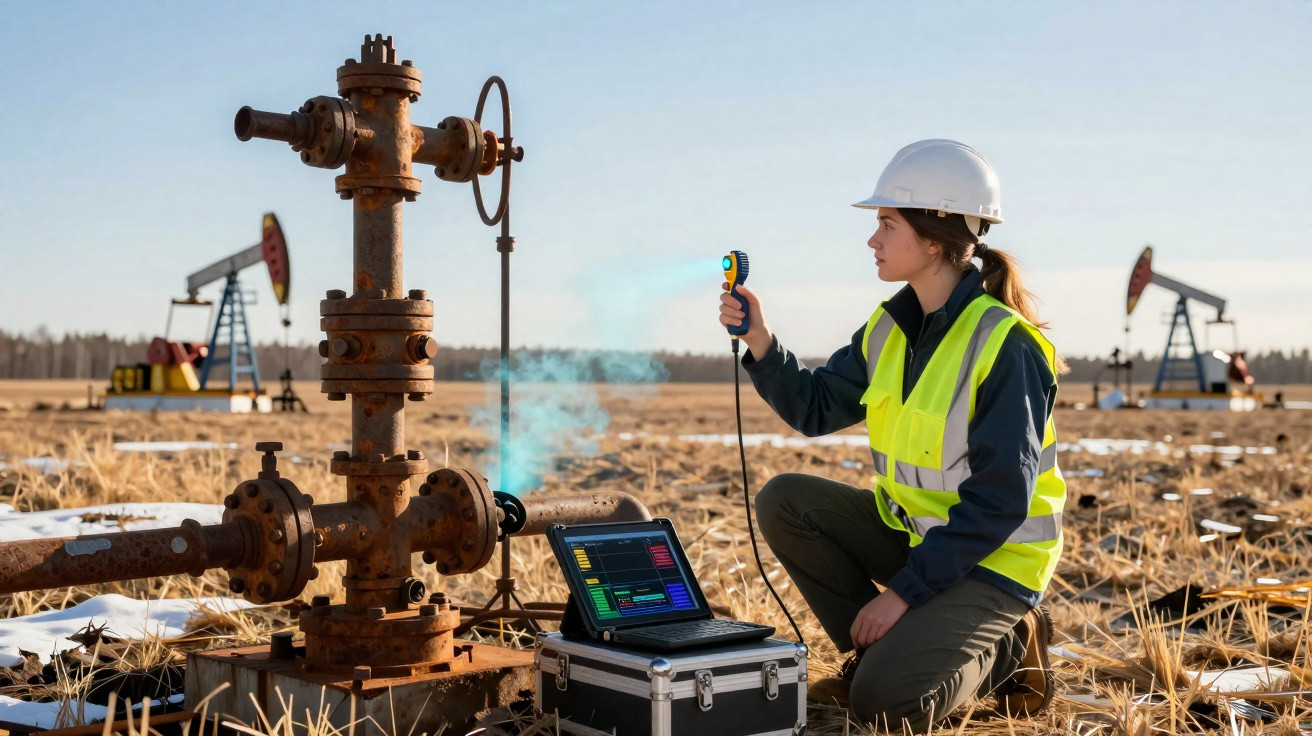Mulher com capacete e colete de segurança a inspecionar equipamento de extração de petróleo num campo aberto.
