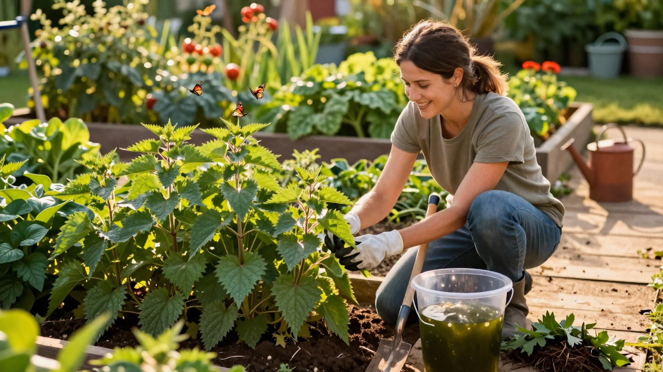 Mulher a cuidar de plantas num jardim, rodeada de borboletas e vegetação verde sob luz natural.