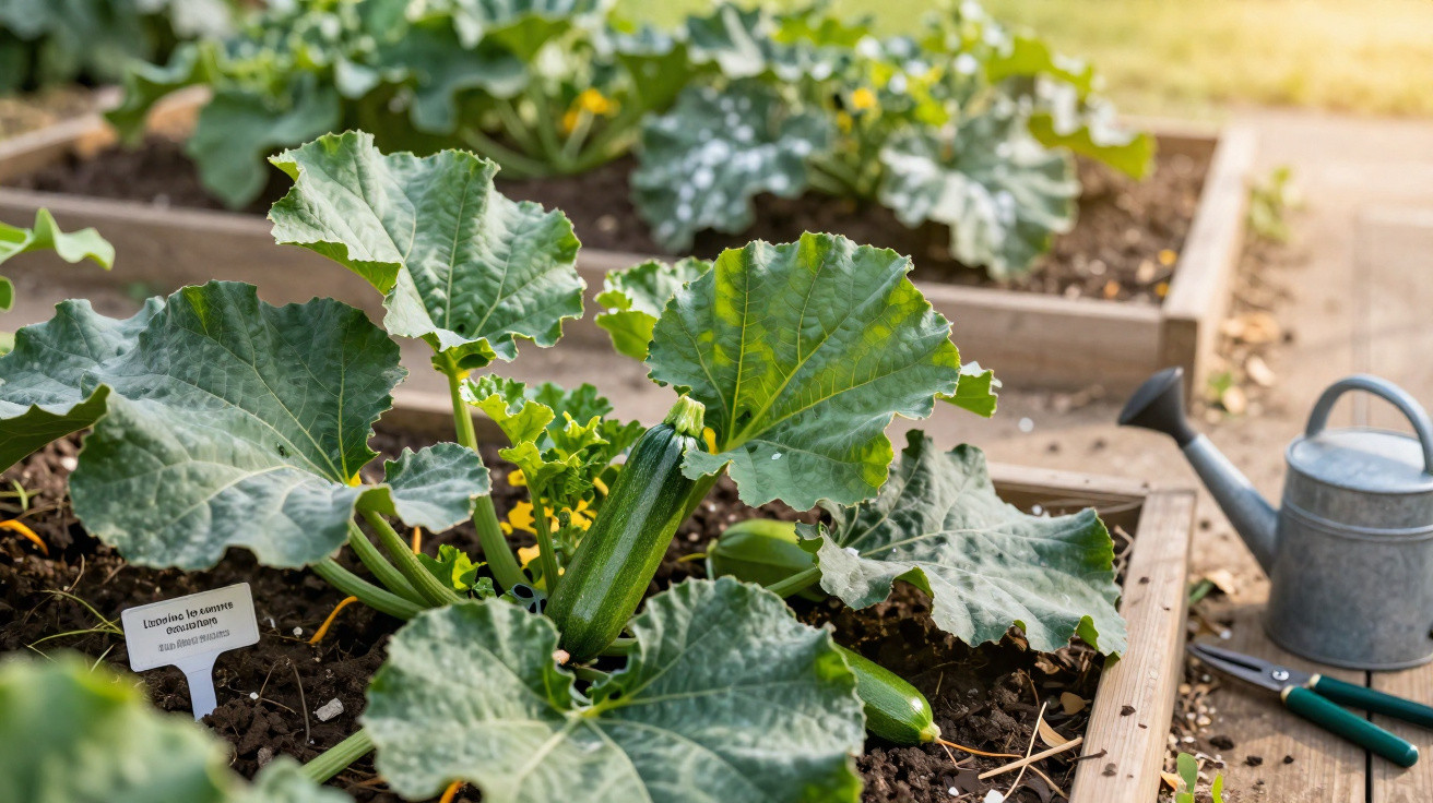 Plantas de curgete crescem em canteiros elevados num jardim com regador e tesoura de poda ao lado.