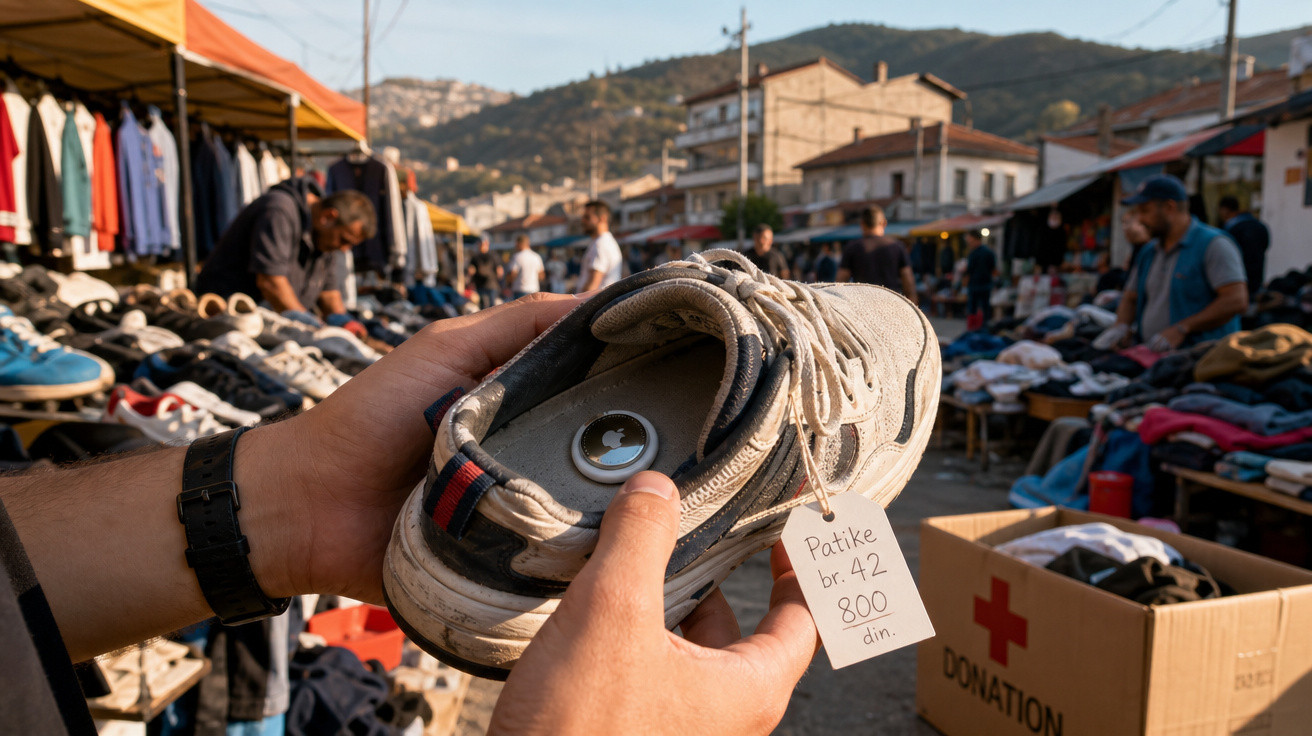 Feira ao ar livre com pessoa segurando ténis usado com etiqueta de preço e caixa de donativos ao fundo.