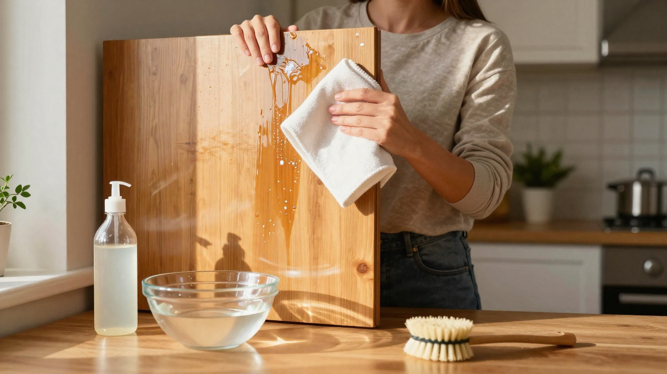 Pessoa a limpar um tábua de madeira com um pano branco na cozinha iluminada pela luz natural.