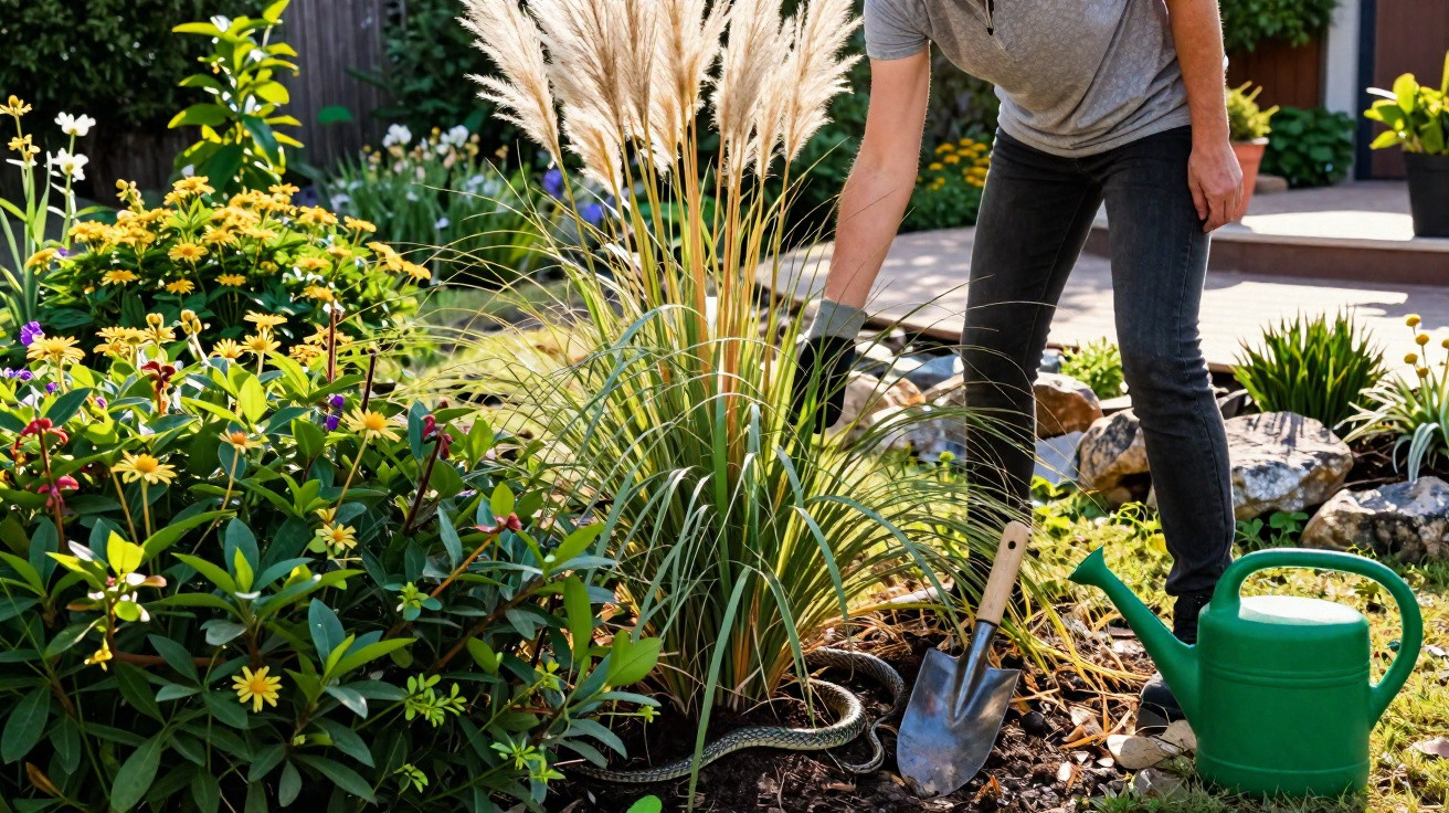 Pessoa a cuidar do jardim junto a plantas, com regador verde e enxada no chão, e cobra camuflada nas plantas.