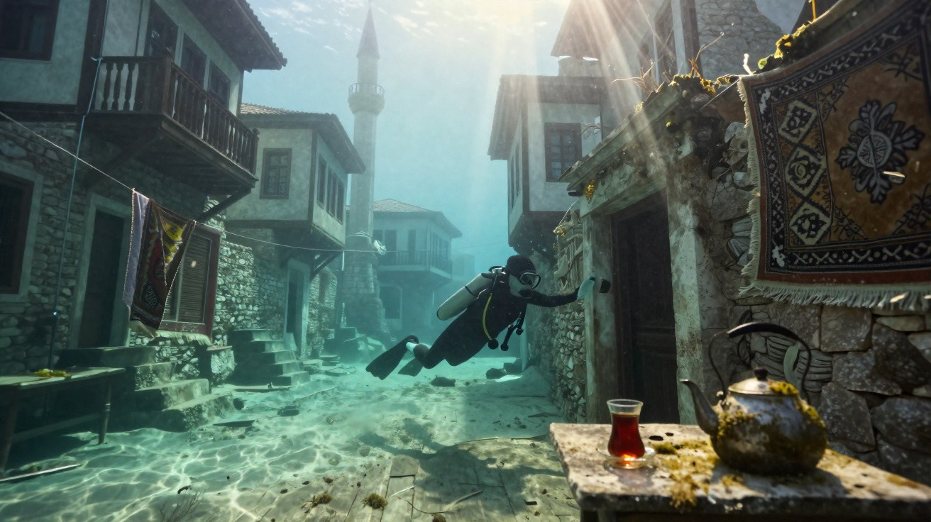 Mergulhador explora rua submersa de vila antiga com chá e chaleira numa mesa em primeiro plano.