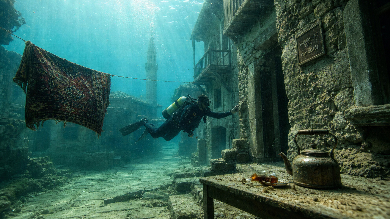 Mergulhador explora cidade submersa com tapete pendurado, chaleira e chá em mesa antiga.