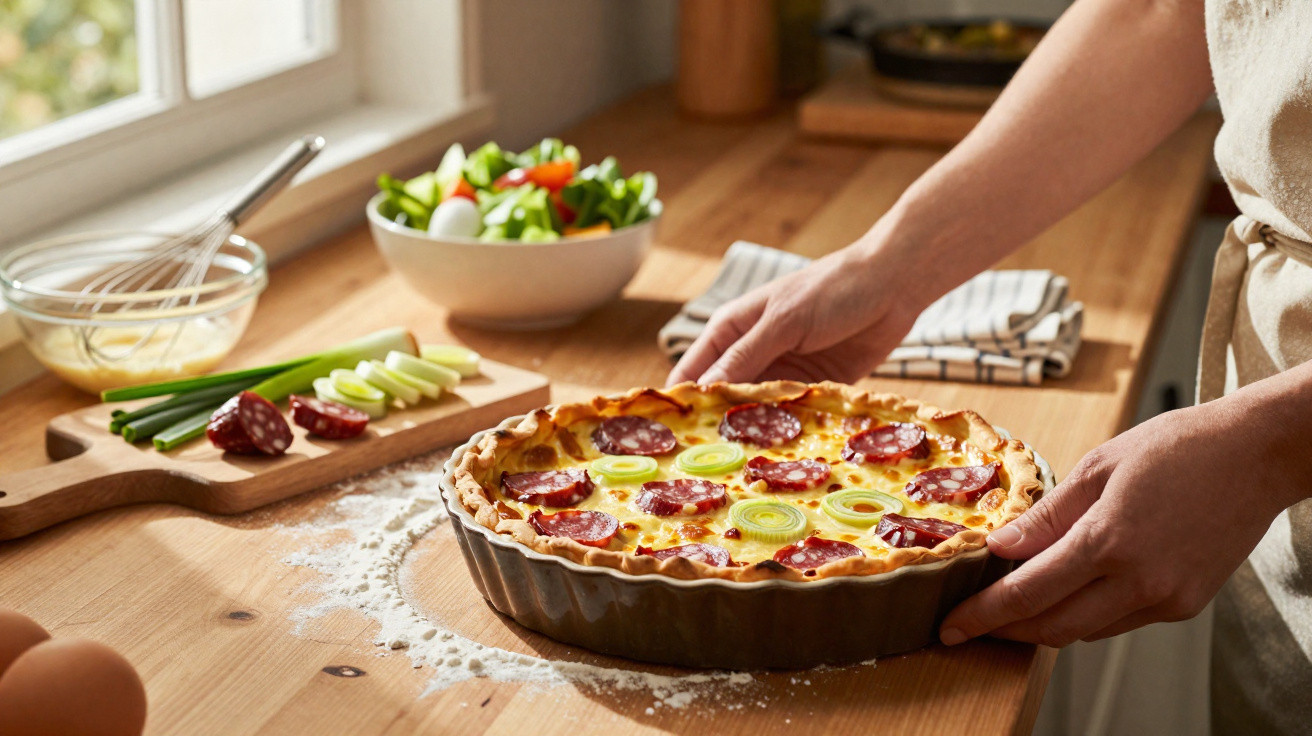 Pessoa a retirar quiche com chouriço e legumes do forno numa cozinha com ingredientes e salada ao fundo.