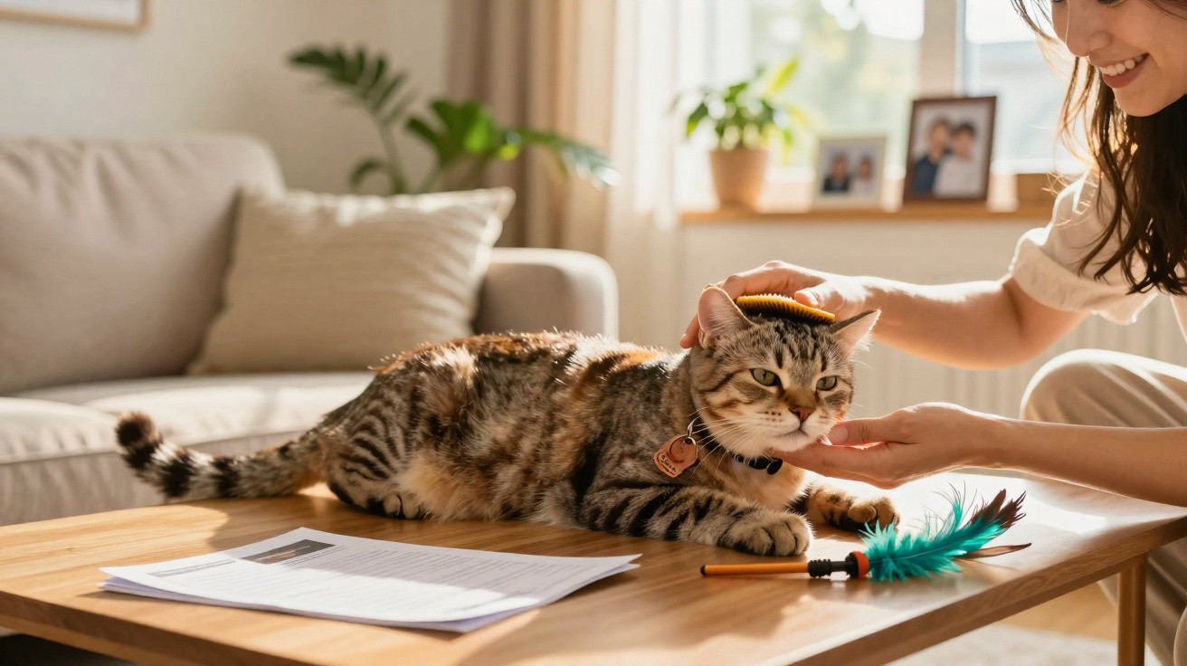 Pessoa a escovar um gato malhado deitado numa mesa com brinquedo de penas e papéis ao lado.