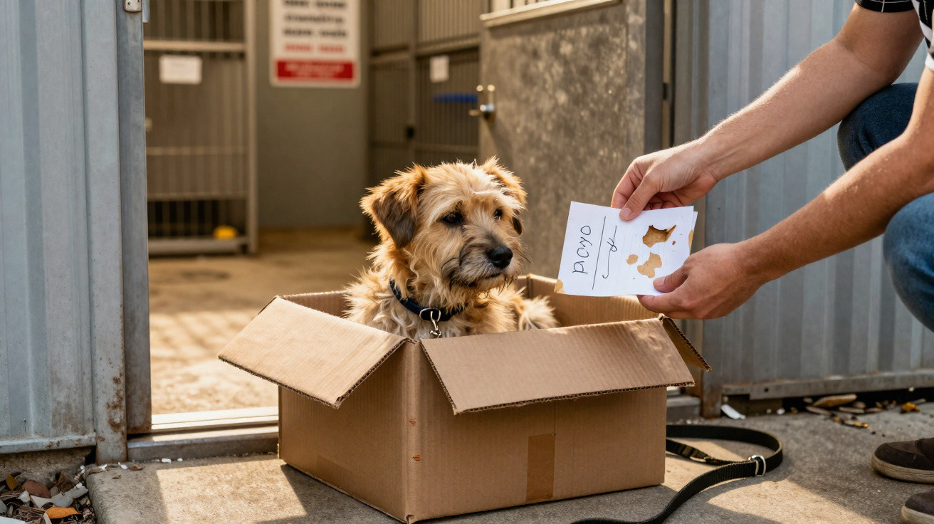 Cão castanho dentro de uma caixa de cartão, enquanto uma pessoa segura um cartão com a palavra "povo".