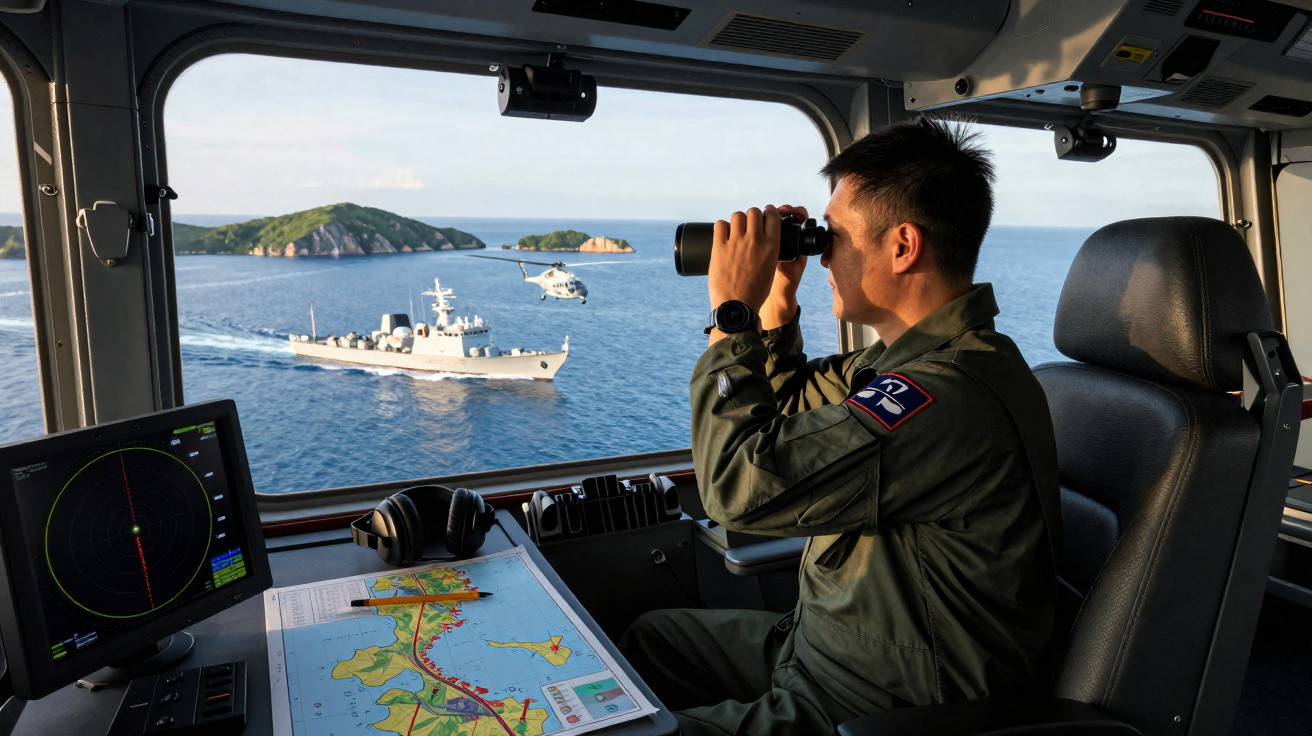 Militar observa pelo binóculos no interior da ponte de comando de uma embarcação naval, com mapa e radar visíveis.