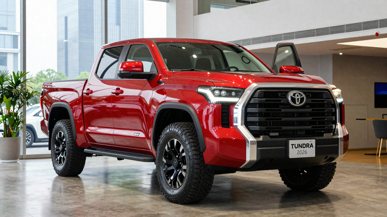 Picape Toyota Tundra 2026 vermelha estacionada em showroom moderno e bem iluminado.