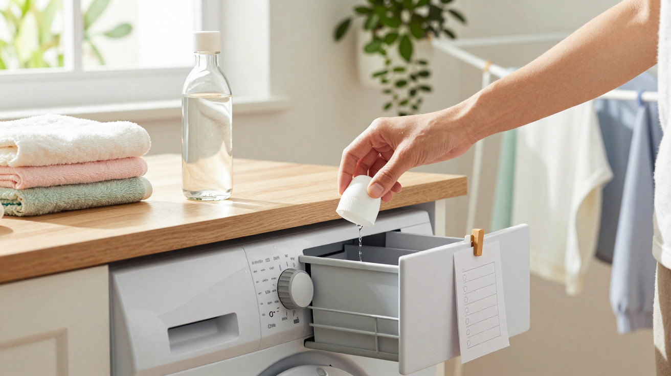 Pessoa a colocar detergente líquido na máquina de lavar roupa num ambiente doméstico luminoso.