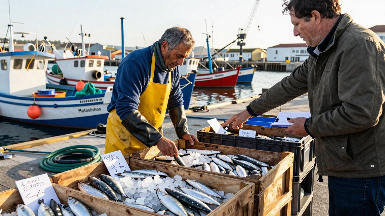 Homem de avental amarelo a vender peixe fresco em cais de porto com barcos ao fundo.