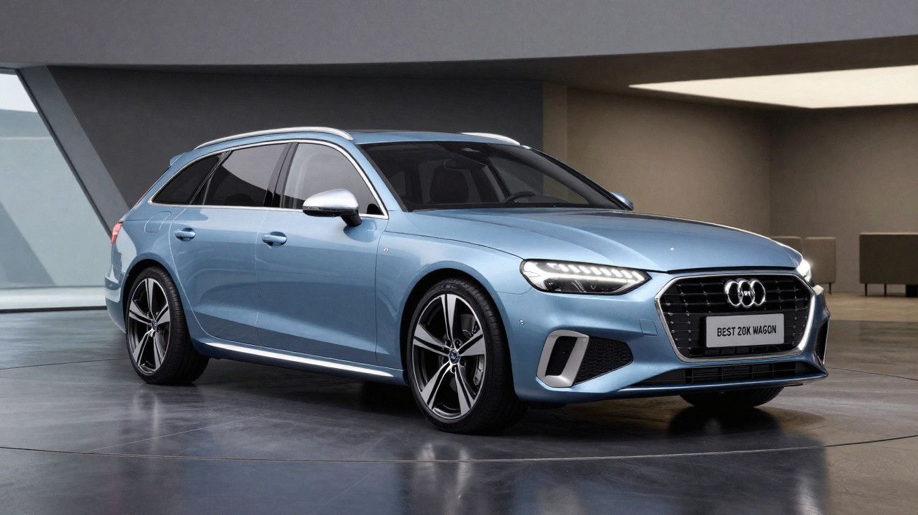Carro Audi modelo Avant azul estacionado em ambiente interior moderno e minimalista.