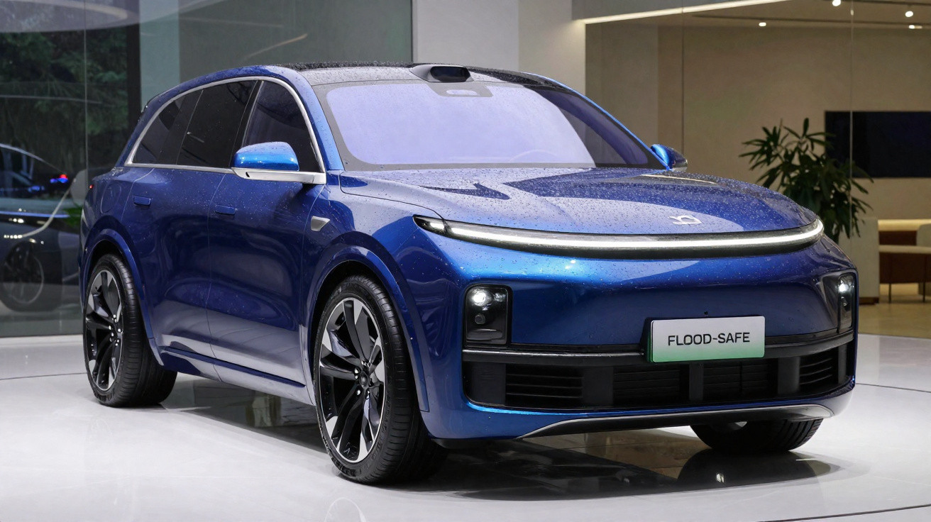Carro elétrico SUV azul estacionado dentro de uma exposição, com luz LED frontal contínua.
