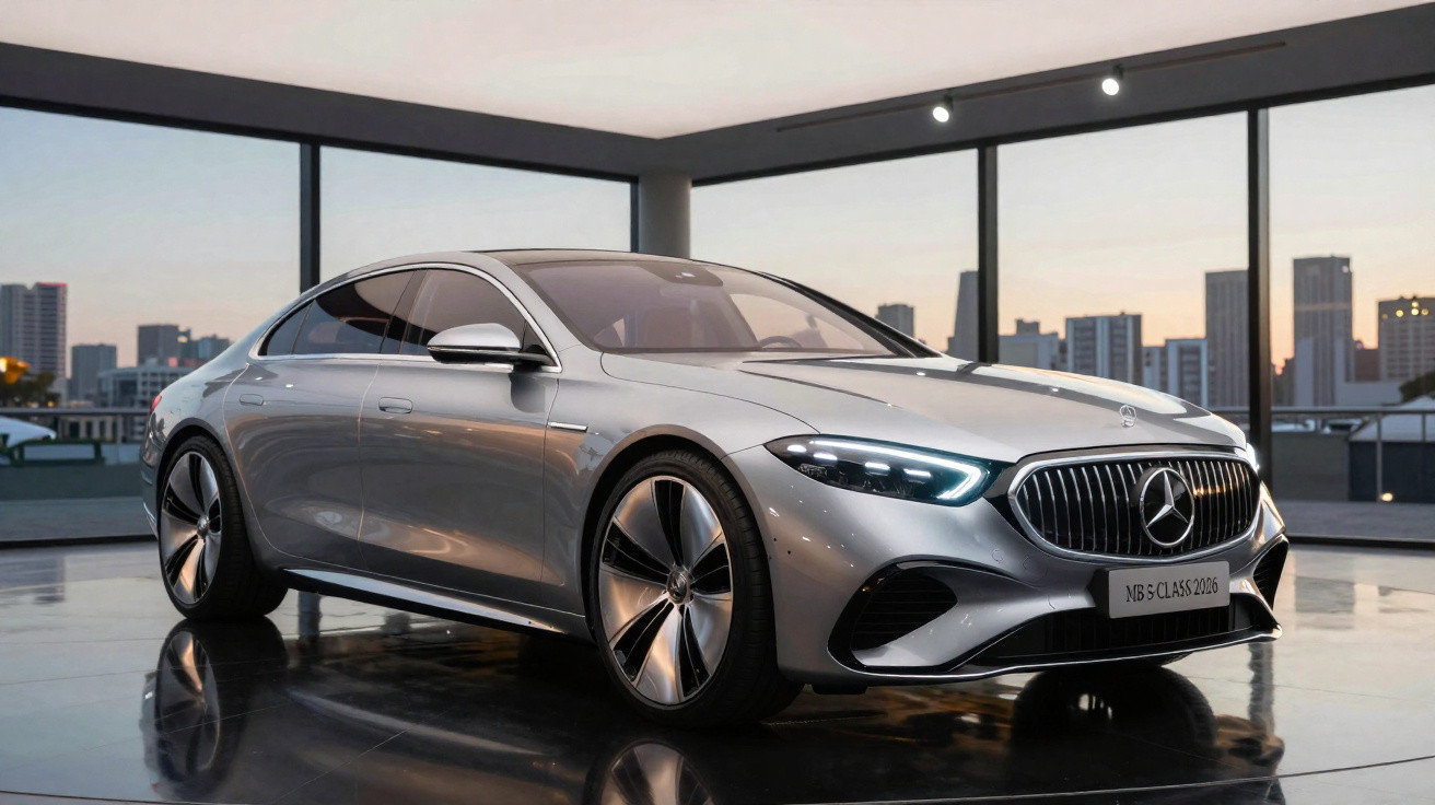 Carro Mercedes-Benz Classe S 2023 prata exibido em interior moderno com grandes janelas e vista urbana ao fundo.