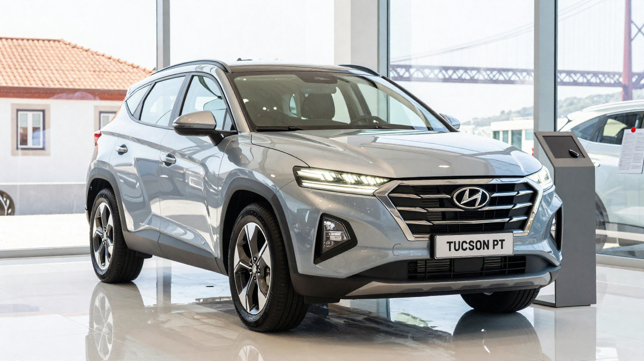 SUV Hyundai Tucson cinzento exposto numa garagem com janelas amplas e luz natural.