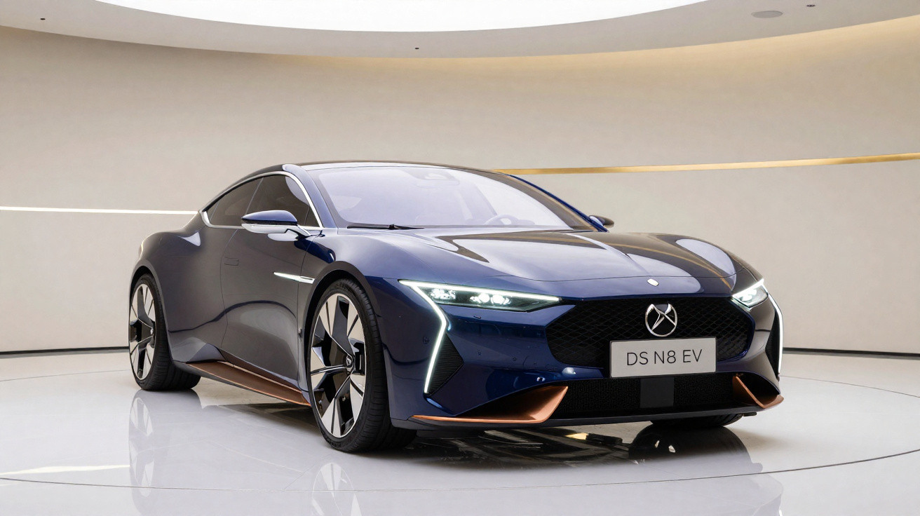 Carro desportivo eléctrico DS N8 EV azul exibido numa sala de exposição moderna e minimalista.