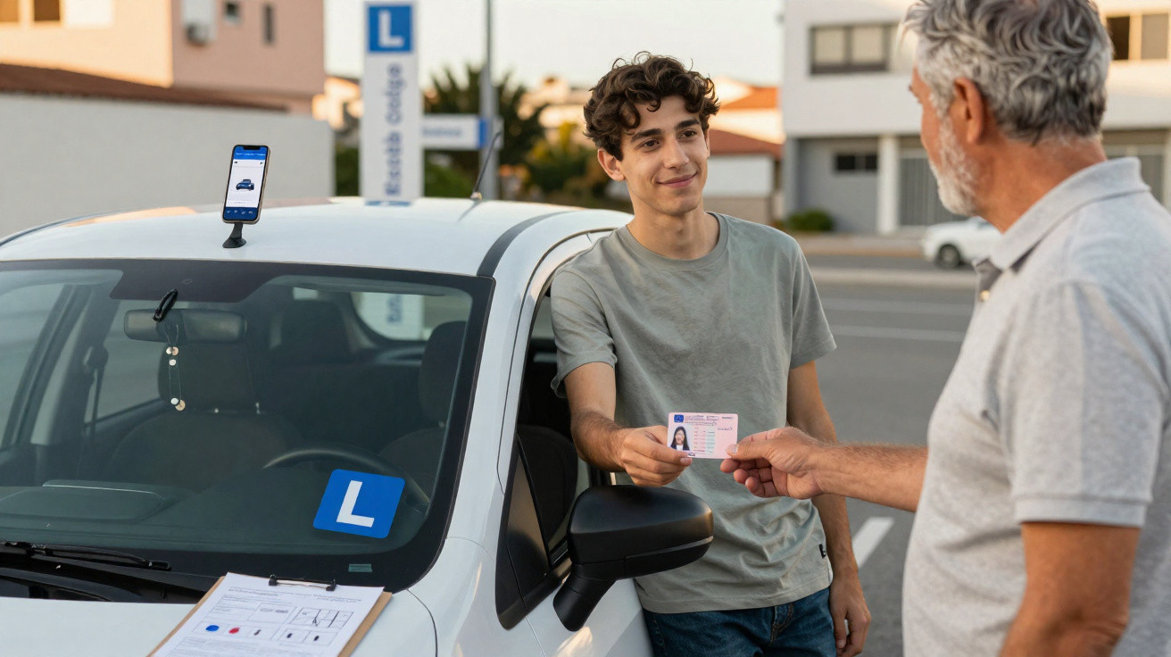 Jovem entrega carta de condução a instrutor próximo de carro de aprendizagem branco com placa L.