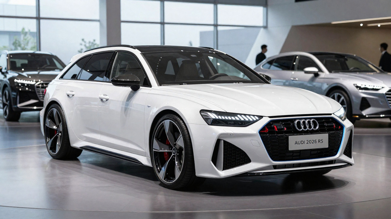 Carro branco Audi 2026 RS em exposição, com faróis LED e jantes desportivas negras, interior visível.
