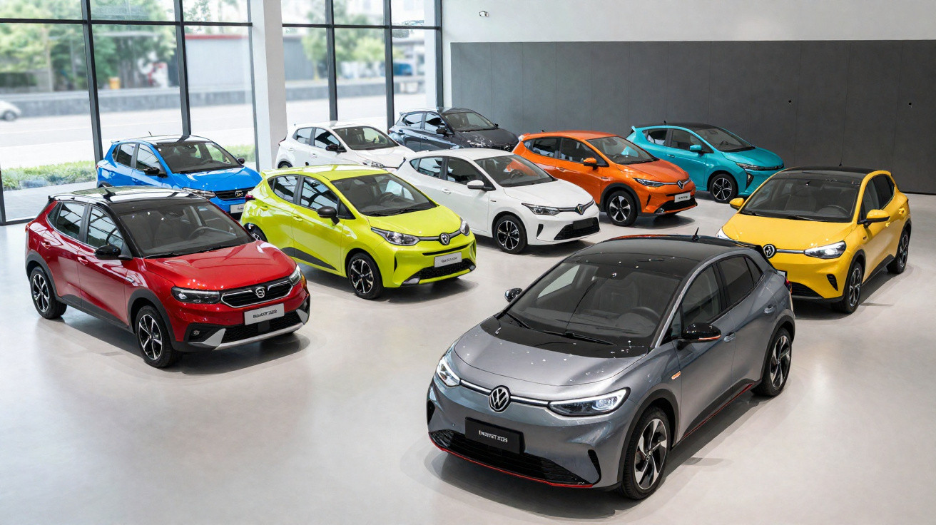 Conjunto de automóveis coloridos modernos numa exposição interior bem iluminada.