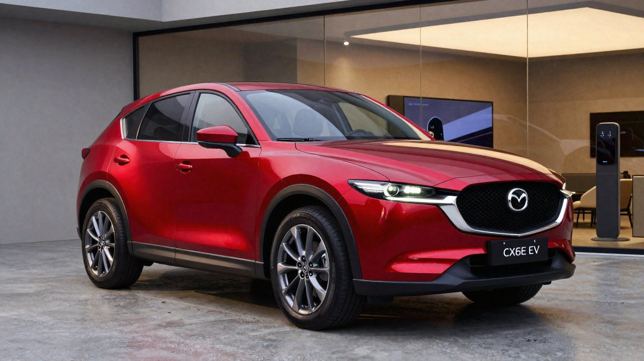 Carro elétrico Mazda CX-6 EV vermelho estacionado em espaço moderno com paredes de vidro.