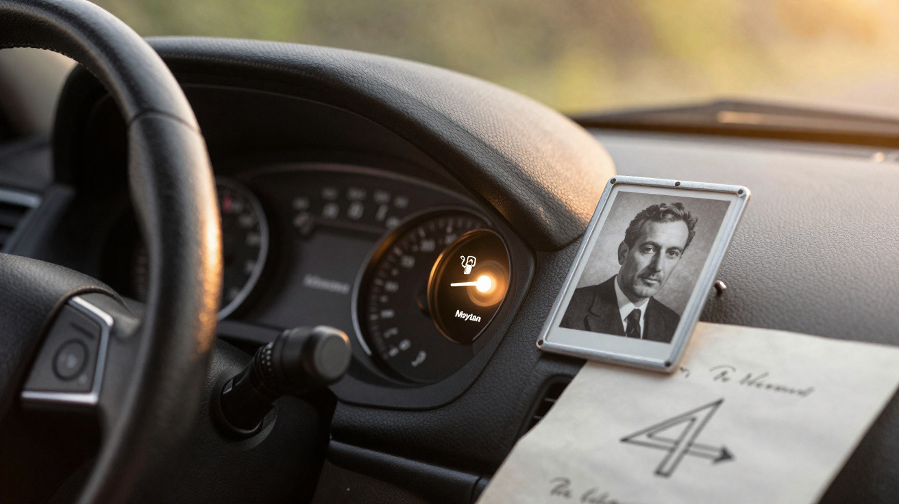 Interior de carro com painel iluminado, foto a preto e branco de homem e um papel com número 4.