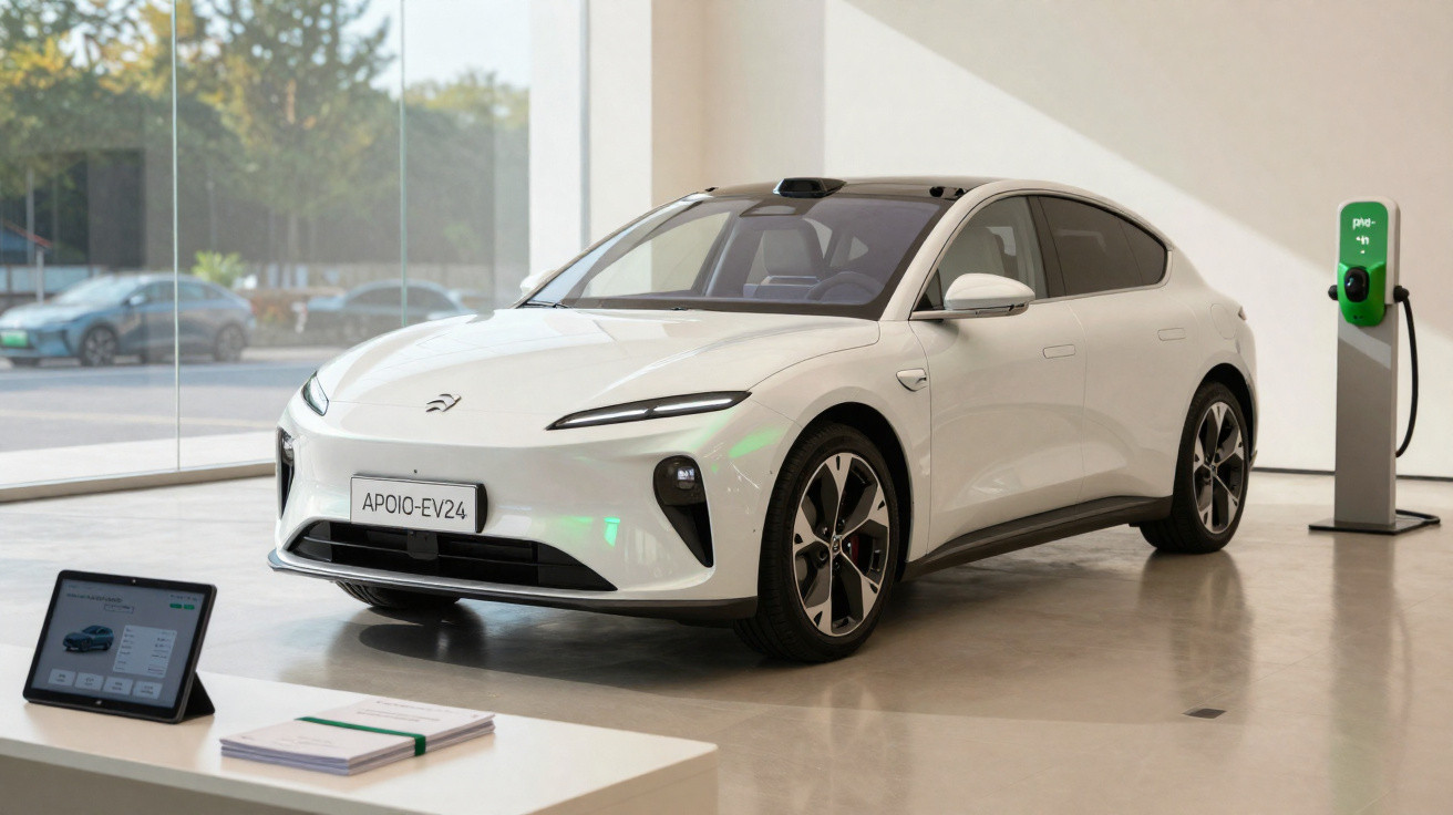 Carro elétrico branco estacionado numa sala branca com carregador de parede verde ao fundo.