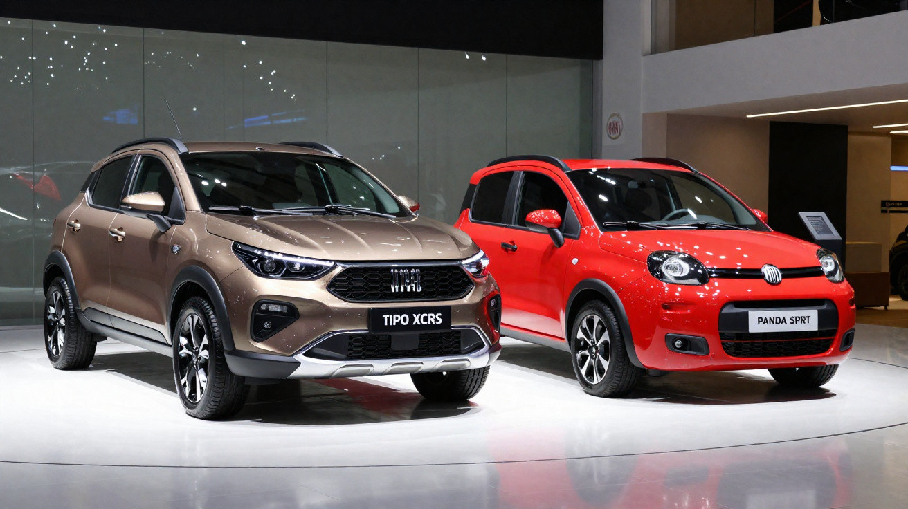 Dois carros Fiat, Tipo XCRS castanho e Panda SRT vermelho, expostos em salão de automóveis moderno.