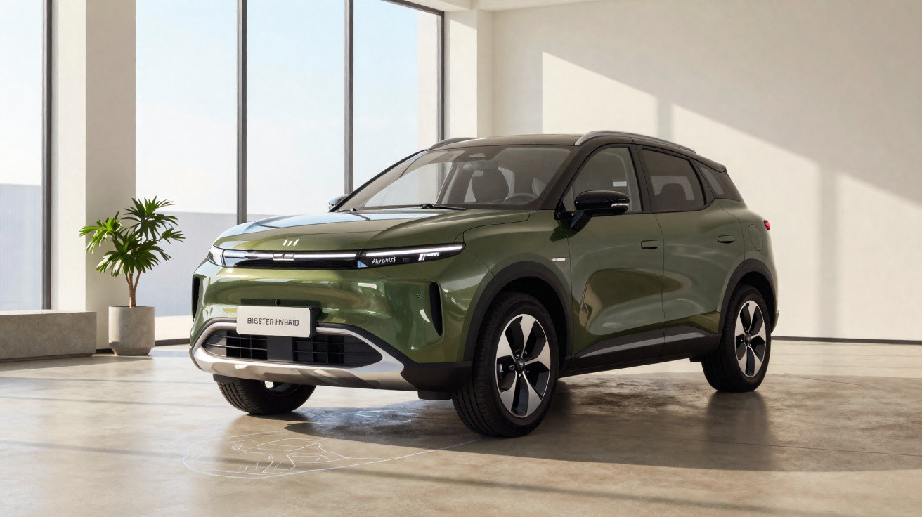 Veículo SUV híbrido verde biomassa estacionado em espaço interior moderno com grandes janelas.