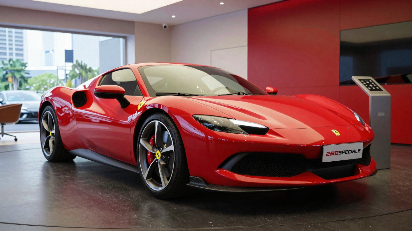 Ferrari vermelha modelo 298 Speciale em exposição num salão com parede vermelha e janela grande.